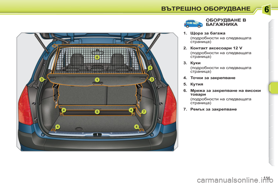Peugeot 308 SW BL 2010.5  Ръководство за експлоатация (in Bulgarian) 111
ВЪТРЕШНО ОБОРУДВАНЕ
ОБОРУДВАНЕ В БАГАЖНИКА
 
 
 
1. 
  Щора за багажа 
 
 
 (подробности на следващата 
страница) 
