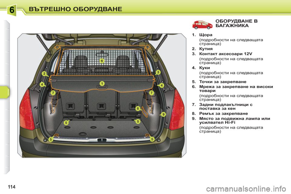 Peugeot 308 SW BL 2010.5  Ръководство за експлоатация (in Bulgarian) ВЪТРЕШНО ОБОРУДВАНЕ
ОБОРУДВАНЕ В БАГАЖНИКА
 
 
 
1. 
  Щора 
 
 
 (подробности на следващата 
страница) 
   
2. 
  Кутия 
