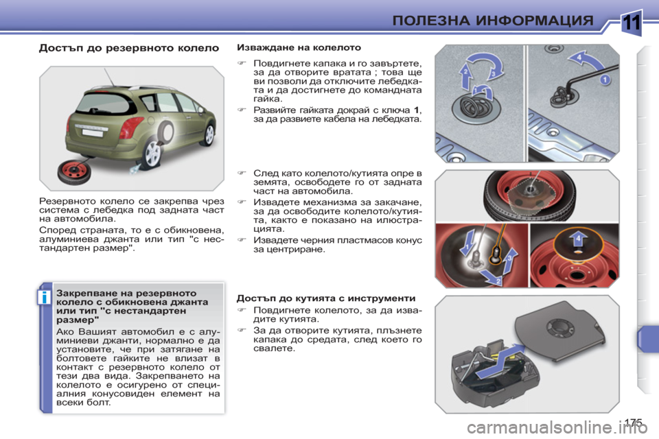 Peugeot 308 SW BL 2010.5  Ръководство за експлоатация (in Bulgarian) 1
i
175
ПОЛЕЗНА ИНФОРМАЦИЯ
 
 
Закрепване на резервното 
колело с обикновена джанта 
или тип "с нестандартен 
разм