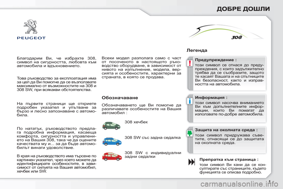 Peugeot 308 SW BL 2010.5 Ръководство за експлоатация (in Bulgarian) !
i
Благодарим Ви, че избрахте 308,
символ на сигурността, любовта към
автомобила и вдъхновението.
Препратк Peugeot 308 SW BL 2010.5 Ръководство за експлоатация (in Bulgarian) !
i
Благодарим Ви, че избрахте 308,
символ на сигурността, любовта към
автомобила и вдъхновението.
Препратк
