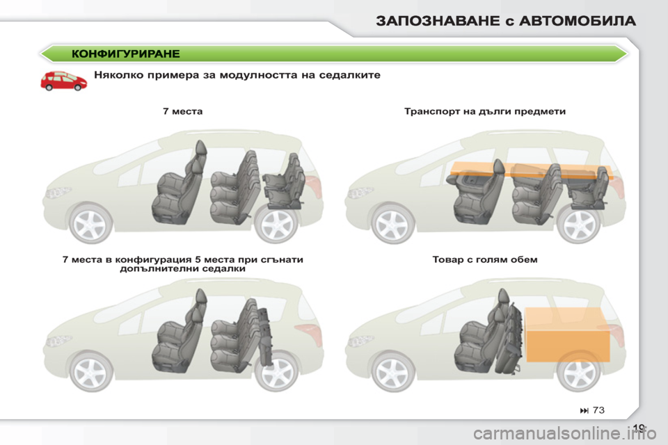 Peugeot 308 SW BL 2010.5  Ръководство за експлоатация (in Bulgarian)    
Няколко примера за модулността на седалките 
 
 
7 места 
 
   
7 места в конфигурация 5 места при сгънати 
допълн