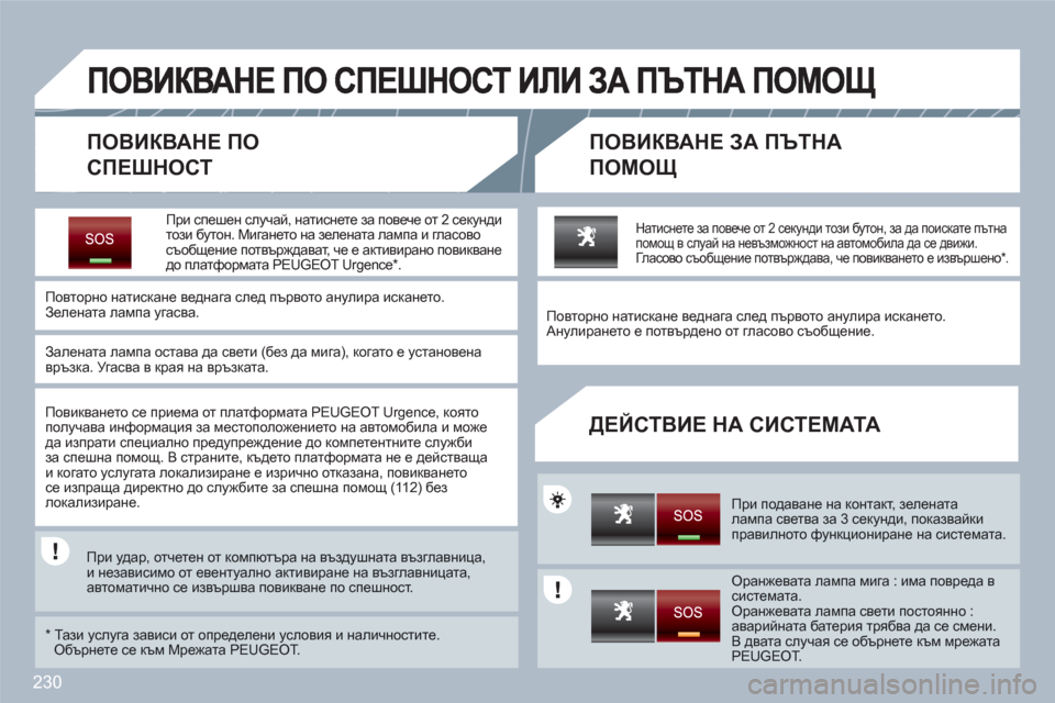 Peugeot 308 SW BL 2010.5  Ръководство за експлоатация (in Bulgarian) 230
   
ПОВИКВАНЕ ПО
СПЕШНОСТ
ПОВИКВАНЕ ЗА ПЪТНА 
ПОМОЩ
 
 ДЕЙСТВИЕ НА СИСТЕМАТА 
При спешен случай, натиснете за 
