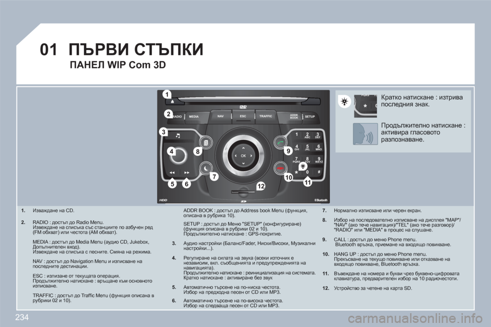 Peugeot 308 SW BL 2010.5  Ръководство за експлоатация (in Bulgarian) 234
01
2ABC3DEF
5JKL4GHI6MNO
8TUV7PQRS9WXYZ
0*#
1
RADIO MEDIANAV ESC TRAFFIC
SETUPADDR
BOOK
1
10
2
3
4
612
9
7
8
115
TU PQRS
0*
1.Изваждане на CD. 
2.RADIO : достъп до Radio Menu. 