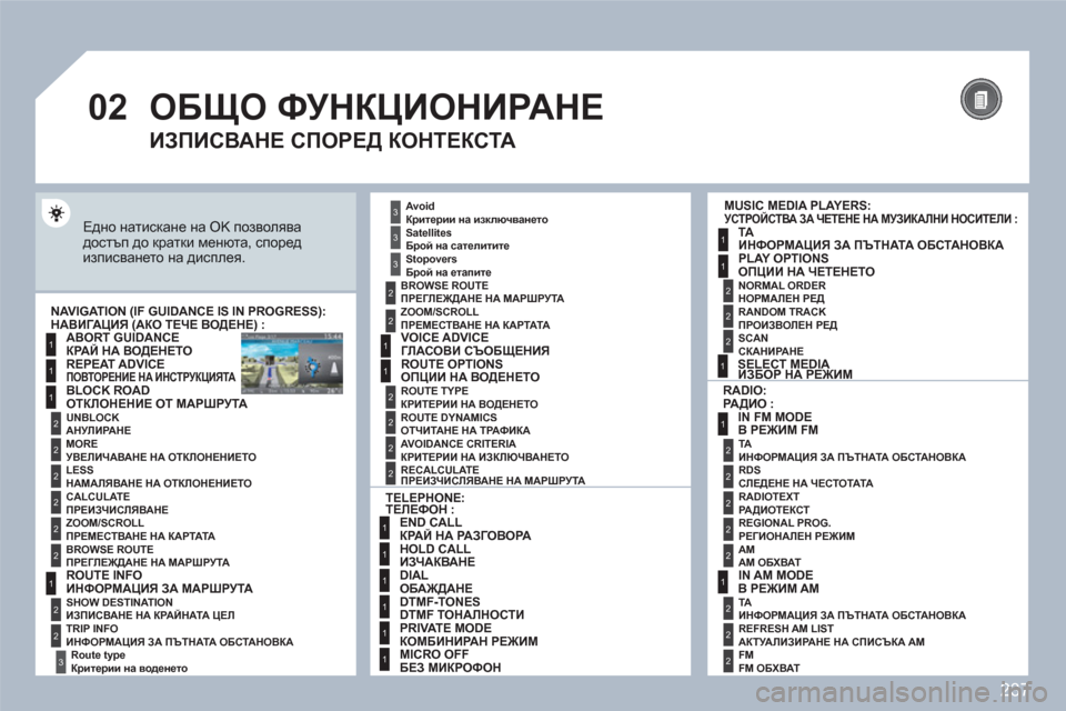 Peugeot 308 SW BL 2010.5  Ръководство за експлоатация (in Bulgarian) 237
02
1
2
3
3
2
1
1
1
3
2
1
1
1
1
1
1
1
1
1
1
2
2
1
1
2
1
2
2
2
2
2
2
2
2
2
2
2
2
2
2
3
2
2
2
2
2
  ОБЩО ФУНКЦИОНИРАНЕ 
 
Едно натискане на OK позволява до