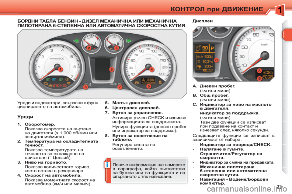 Peugeot 308 SW BL 2010.5  Ръководство за експлоатация (in Bulgarian) i
23
КОНТРОЛ при ДВИЖЕНИЕ
 
 
 
 
 
 
 
 
 
 
 
 
 
БОРДНИ ТА БЛ А БЕНЗИН - ДИЗЕЛ МЕХАНИЧНА ИЛИ МЕХАНИЧНАПИЛОТИРАНА 6-СТЕПЕ