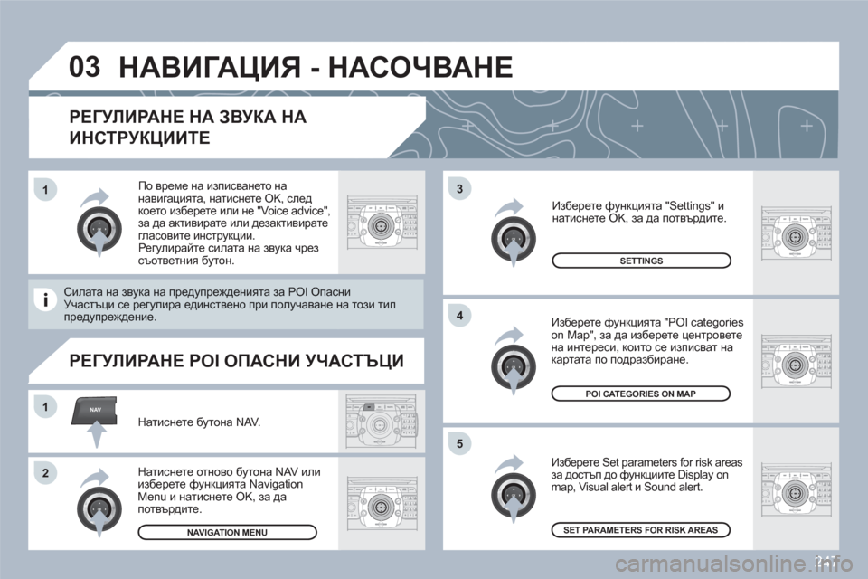 Peugeot 308 SW BL 2010.5  Ръководство за експлоатация (in Bulgarian) 247
03
5
3
4
NAV1
2
ABCDEF5JKL4GHI68TUV7PQRS90*#
RADIOMEDIANAVESCTRAFFICSETUPADDRBOOK
2ABC3DEF5JKL4GHI6MNO8TUV7PQRS9WXYZ0*#
1RADIOMEDIANAVESCTRAFFICSETUPADDRBOOK
2ABC3DEF5JKL4GHI6MNO8TUV7PQRS9WXYZ0*#
