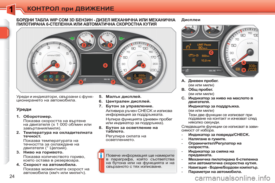 Peugeot 308 SW BL 2010.5  Ръководство за експлоатация (in Bulgarian) i
24
КОНТРОЛ при ДВИЖЕНИЕ
 
 
 
 
 
 
 
 
 
 
 
 
 
БОРДНИ ТА БЛ А WIP COM 3D БЕНЗИН - ДИЗЕЛ МЕХАНИЧНА ИЛИ МЕХАНИЧНАПИЛОТИРАНА 6-