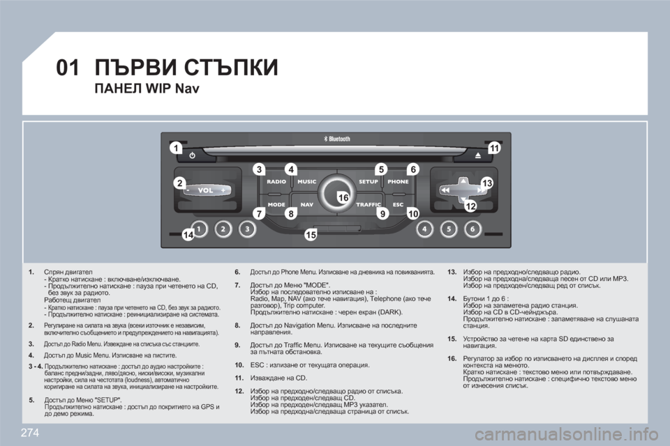 Peugeot 308 SW BL 2010.5  Ръководство за експлоатация (in Bulgarian) 274
01
11
55
101
22
334466
131
111
99
144155
77881212161
1. Спрян двигател - Кратко натискане : включване/изключване.  -  Продължително на