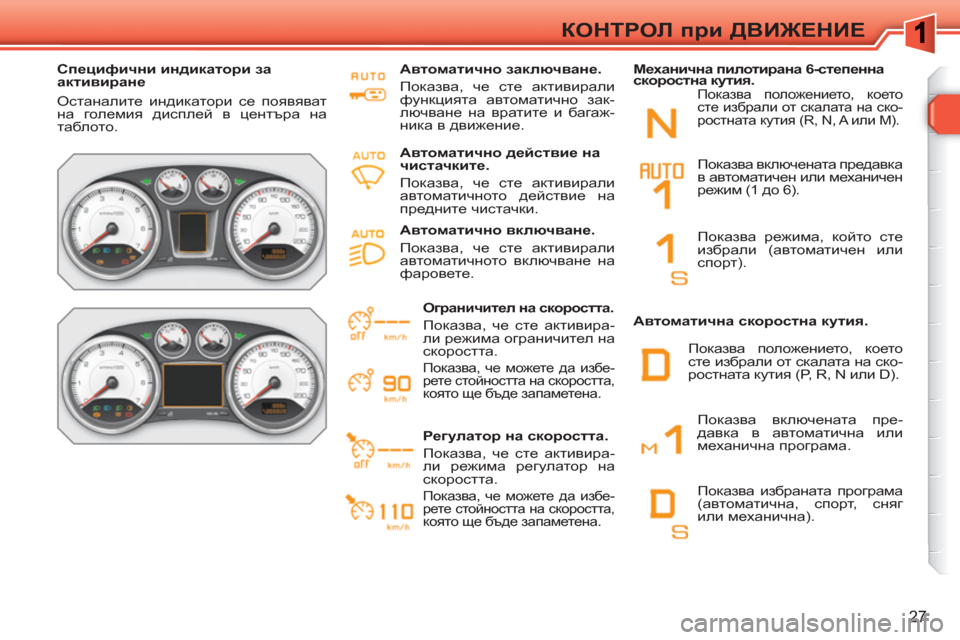 Peugeot 308 SW BL 2010.5  Ръководство за експлоатация (in Bulgarian) 27
КОНТРОЛ при ДВИЖЕНИЕ
 
 
 
Специфични индикатори за 
активиране 
 
 
  Останалите индикатори се появяват 
на гол