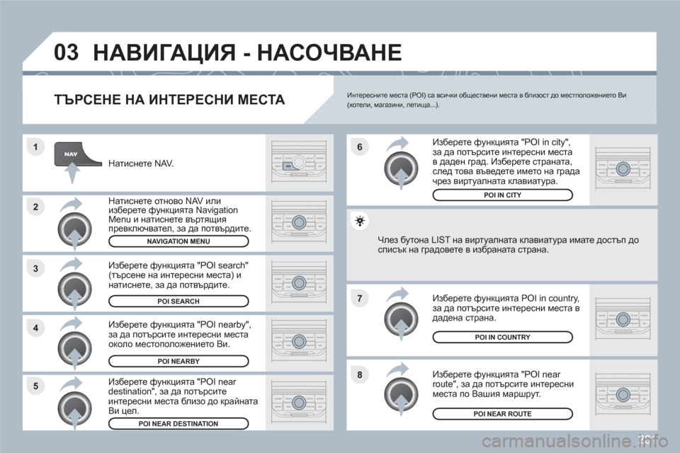 Peugeot 308 SW BL 2010.5 Ръководство за експлоатация (in Bulgarian) 281
8
6
7
4 3
5 2 1
03НАВИГАЦИЯ - НАСОЧВАНЕ
ТЪРСЕНЕ НА ИНТЕРЕСНИ МЕСТА
Натиснете NAV.
Натиснете отново NAV или изберет Peugeot 308 SW BL 2010.5 Ръководство за експлоатация (in Bulgarian) 281
8
6
7
4 3
5 2 1
03НАВИГАЦИЯ - НАСОЧВАНЕ
ТЪРСЕНЕ НА ИНТЕРЕСНИ МЕСТА
Натиснете NAV.
Натиснете отново NAV или изберет