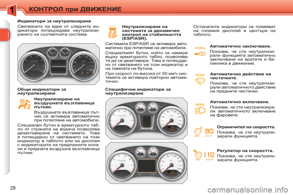 Peugeot 308 SW BL 2010.5  Ръководство за експлоатация (in Bulgarian) 28
КОНТРОЛ при ДВИЖЕНИЕ
 
 
 
Индикатори за неутрализиране 
  Светването на един от следните ин-
дикатори потвърж