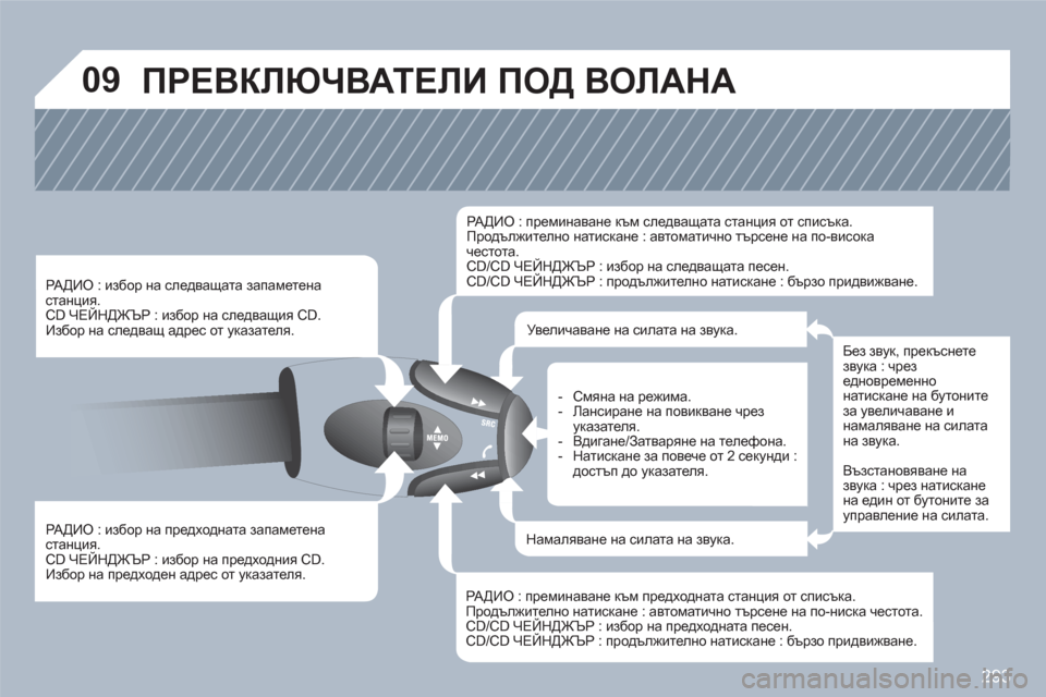Peugeot 308 SW BL 2010.5  Ръководство за експлоатация (in Bulgarian) 293
09  ПРЕВКЛЮЧВАТЕЛИ ПОД ВОЛАНА
 
 
РАДИО : избор на предходната запаметена станция.  
CD ЧЕЙНДЖЪР : избор на предх