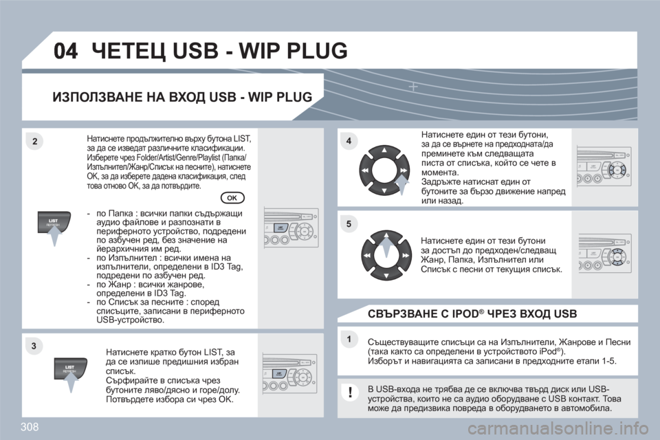 Peugeot 308 SW BL 2010.5  Ръководство за експлоатация (in Bulgarian) 308
33
44
11
55
22
ЧЕТЕЦ USB - WIP PLUG 
ИЗПОЛЗВАНЕ НА ВХОД USB - WIP PLUG
Натиснете кратко бутон LIST, за да се изпише предишния избр