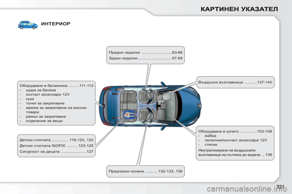 Peugeot 308 SW BL 2010.5  Ръководство за експлоатация (in Bulgarian) ИНТЕРИОР
  Оборудване в багажника  .........111-113 
   
 
-  щора за багажа 
   
-  контакт аксесоари 12V 
   
-  куки 
   
-  точки 