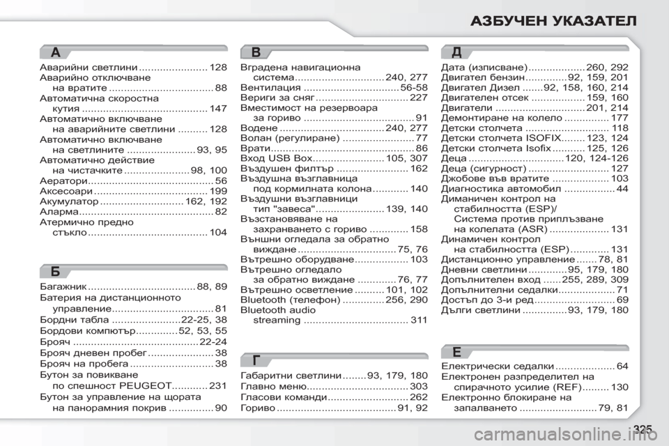Peugeot 308 SW BL 2010.5  Ръководство за експлоатация (in Bulgarian) A
Аварийни светлини.......................128:\Zjbcgh отключванена вратите...................................88:\lhfZlbqgZ скоростна ку