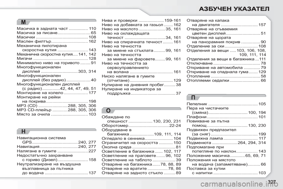 Peugeot 308 SW BL 2010.5  Ръководство за експлоатация (in Bulgarian) О
Обаждане поспешност...................130, 230, 231Оборотомер ................................22-24Оборудване в багажника...................109,111, 