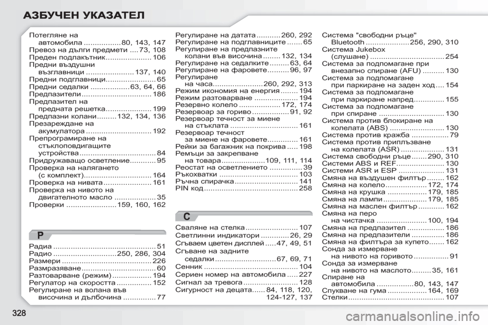 Peugeot 308 SW BL 2010.5  Ръководство за експлоатация (in Bulgarian) Потегляне наавтомобила .................80,143,147Превоз на дълги предмети....73,108Преден подлакътник.....................к106Предни 