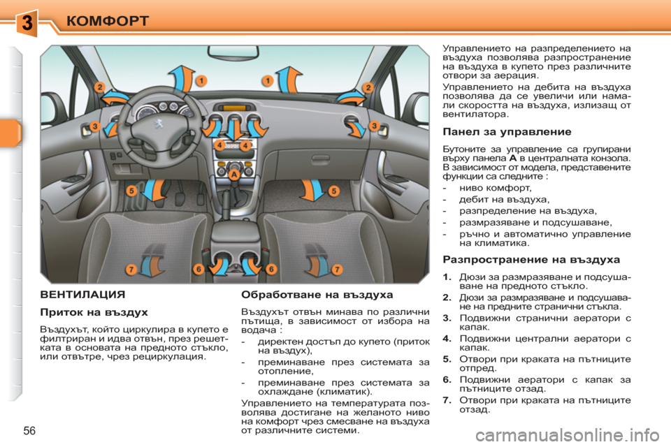 Peugeot 308 SW BL 2010.5  Ръководство за експлоатация (in Bulgarian) 56
КОМФОРТ
ВЕНТИЛАЦИЯ 
 
Обработване на въздуха 
 
Въздухът отвън минава по различни 
пътища, в зависимост от из