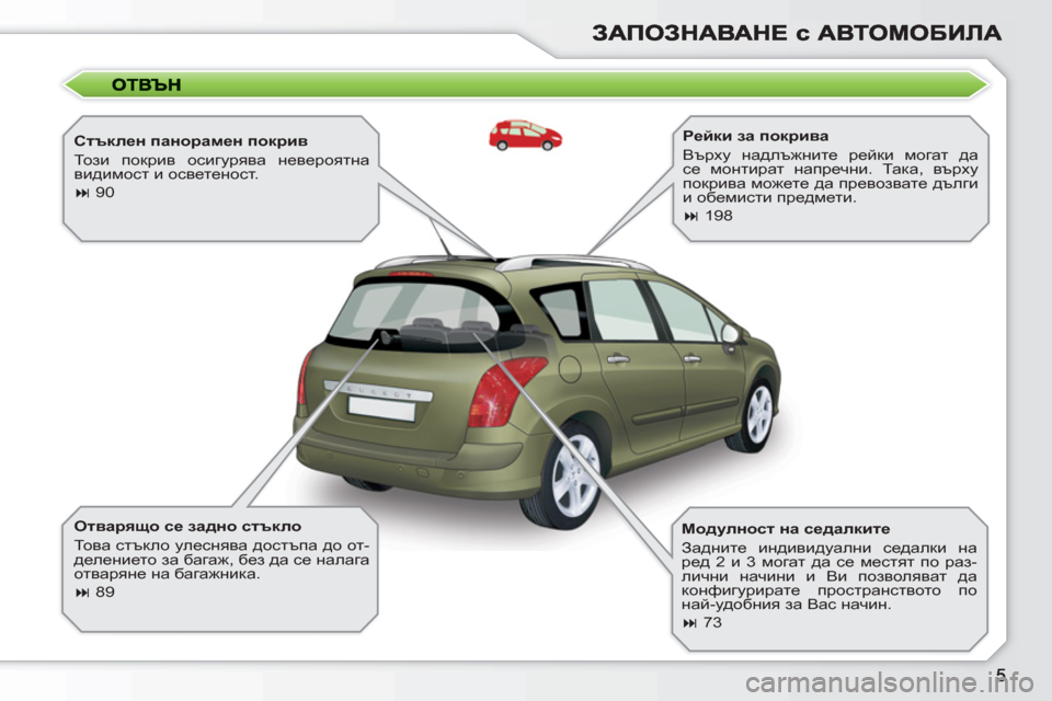 Peugeot 308 SW BL 2010.5  Ръководство за експлоатация (in Bulgarian)    
Стъклен панорамен покрив 
  То з и покрив осигурява невероятна 
видимост и осветеност. 
   
 
� 
 90  
 
   
Отварящо