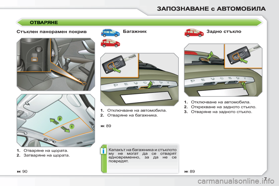 Peugeot 308 SW BL 2010.5  Ръководство за експлоатация (in Bulgarian) i
   
Стъклен панорамен покрив    
Багажник   
Задно стъкло 
 
 
 
1. 
 Отключване на автомобила. 
   
2. 
 Открехване на з