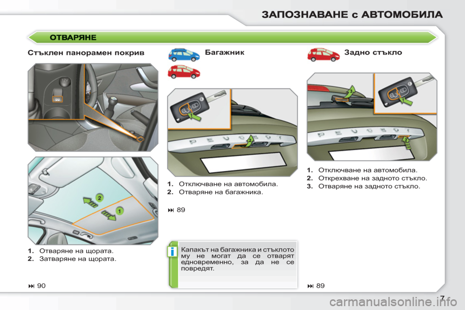 Peugeot 308 SW BL 2010.5  Ръководство за експлоатация (in Bulgarian) i
   
Стъклен панорамен покрив    
Багажник   
Задно стъкло 
 
 
 
1. 
 Отключване на автомобила. 
   
2. 
 Открехване на з�