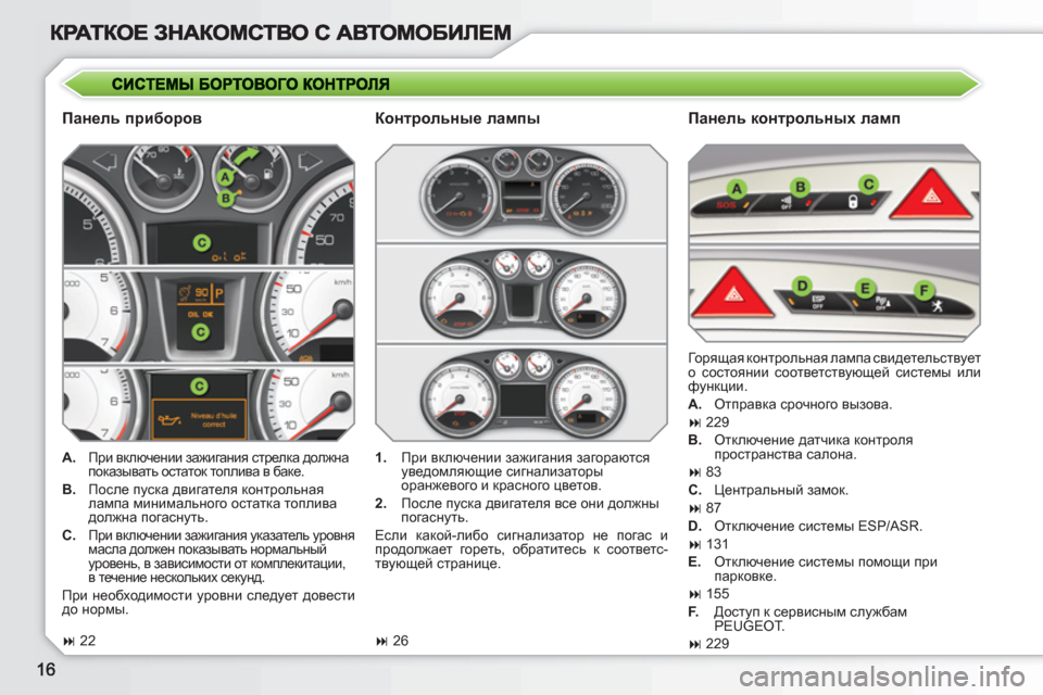 Peugeot 308 SW BL 2010.5 Инструкция по эксплуатации (in Russian)
Панель приборов
Панель контрольных ламп
A.
При включении зажигания стрелка должна
показывать остат Peugeot 308 SW BL 2010.5 Инструкция по эксплуатации (in Russian)
Панель приборов
Панель контрольных ламп
A.
При включении зажигания стрелка должна
показывать остат