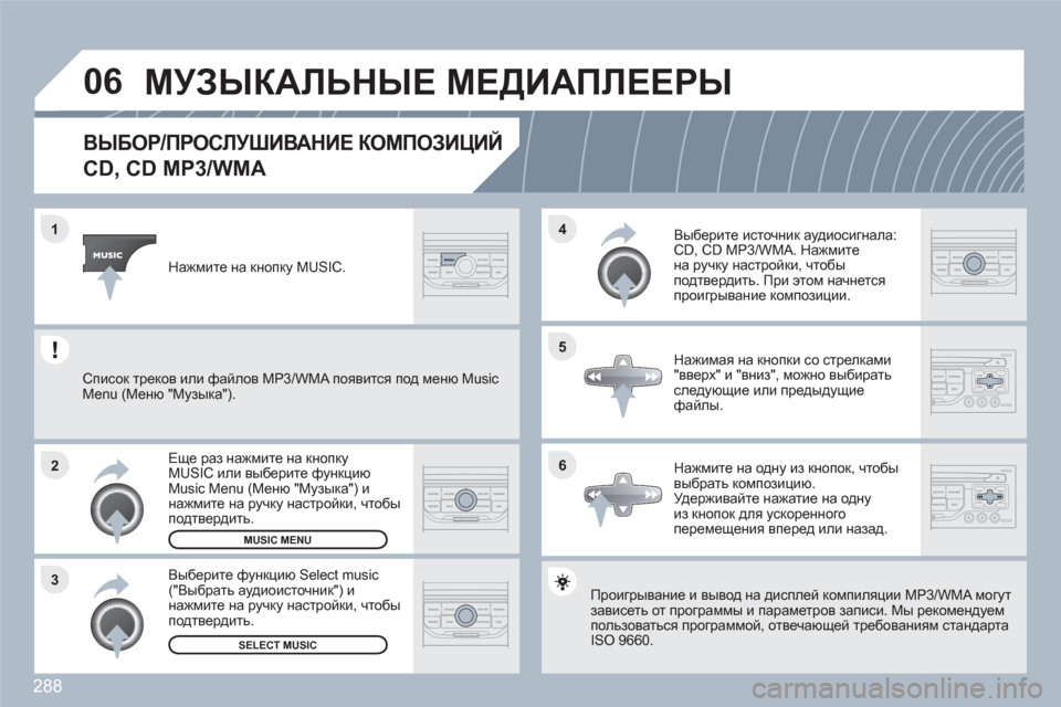 Peugeot 308 SW BL 2010.5 Инструкция по эксплуатации (in Russian) 288
06
6 4
5
3 2 1
ВЫБОР/ПРОСЛУШИВАНИЕ КОМПОЗИЦИЙ
CD, CD MP3/WMA
Проигрывание и вывод на дисплей компиляции MPP3/WMA могутза Peugeot 308 SW BL 2010.5 Инструкция по эксплуатации (in Russian) 288
06
6 4
5
3 2 1
ВЫБОР/ПРОСЛУШИВАНИЕ КОМПОЗИЦИЙ
CD, CD MP3/WMA
Проигрывание и вывод на дисплей компиляции MPP3/WMA могутза