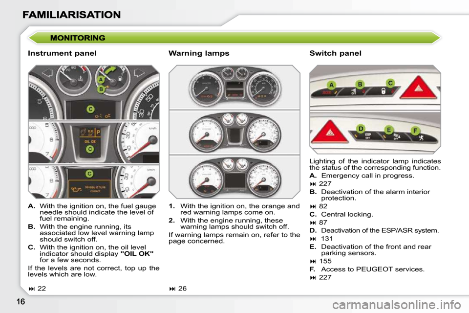 Peugeot 308 SW BL 2009.5 User Guide   Instrument panel   Switch panel 
   
A.    With the ignition on, the fuel gauge 
needle should indicate the level of  
fuel remaining. 
  
B.    With the engine running, its 
associated low level wa