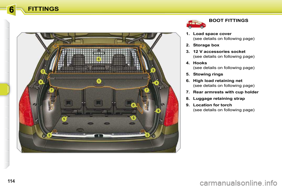 Peugeot 308 SW BL 2009.5  Owners Manual FITTINGS
             BOOT FITTINGS 
   
1.     Load space    
cover    
  (see details on following page)  
  
2.     Storage box   
  
3.     12 V   
 accessories socket    
  (see details on follow