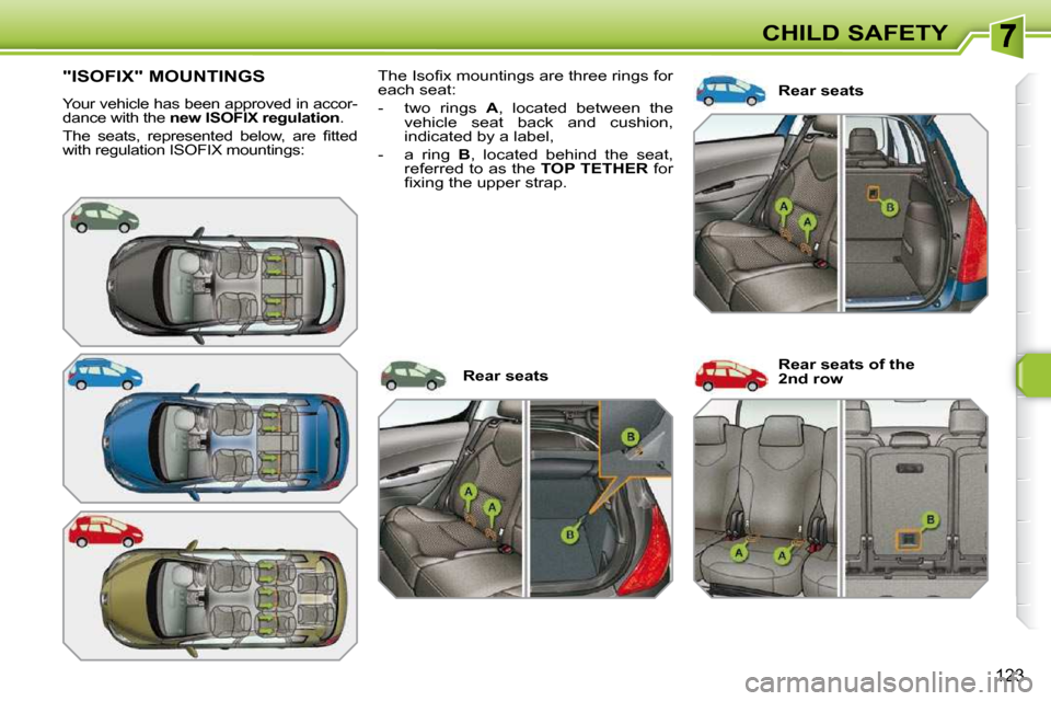 Peugeot 308 SW BL 2009.5  Owners Manual �1�2�3
CHILD SAFETY
"ISOFIX" MOUNTINGS 
 Your vehicle has been approved in accor- 
dance with the  new ISOFIX regulation  . 
� �T�h�e�  �s�e�a�t�s�,�  �r�e�p�r�e�s�e�n�t�e�d�  �b�e�l�o�w�,�  �a�r�e�  