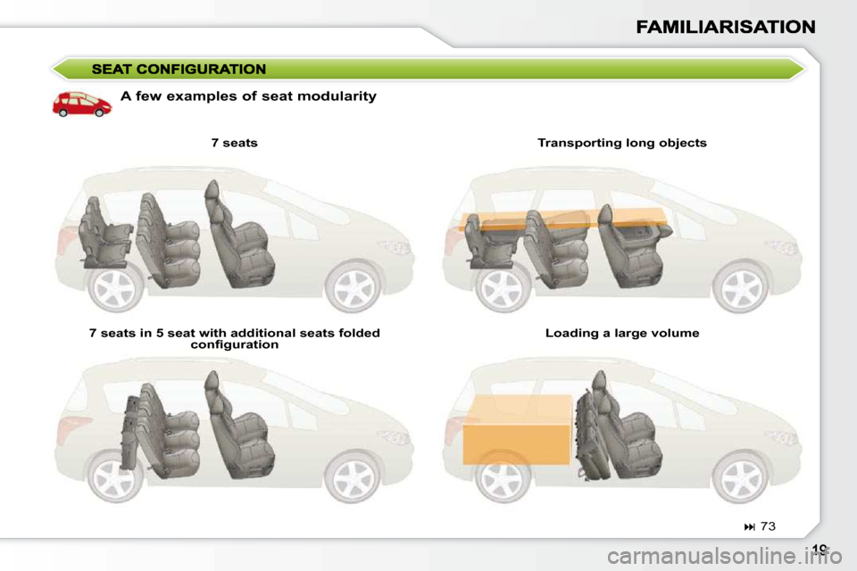 Peugeot 308 SW BL 2009.5 User Guide   A few examples of seat modularity   7 seats 
 7 seats in 5 seat with additional seats folded  �c�o�n�ﬁ� �g�u�r�a�t�i�o�n�   Transporting long objects 
 Loading a large volume  
   
�   73      