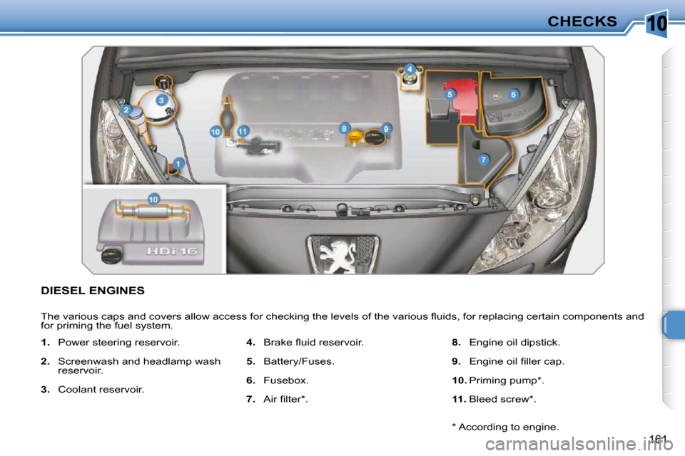 Peugeot 308 SW BL 2009.5  Owners Manual 10
161
CHECKS
DIESEL ENGINES 
� �T�h�e� �v�a�r�i�o�u�s� �c�a�p�s� �a�n�d� �c�o�v�e�r�s� �a�l�l�o�w� �a�c�c�e�s�s� �f�o�r� �c�h�e�c�k�i�n�g� �t�h�e� �l�e�v�e�l�s� �o�f� �t�h�e� �v�a�r�i�o�u�s� �ﬂ� �u