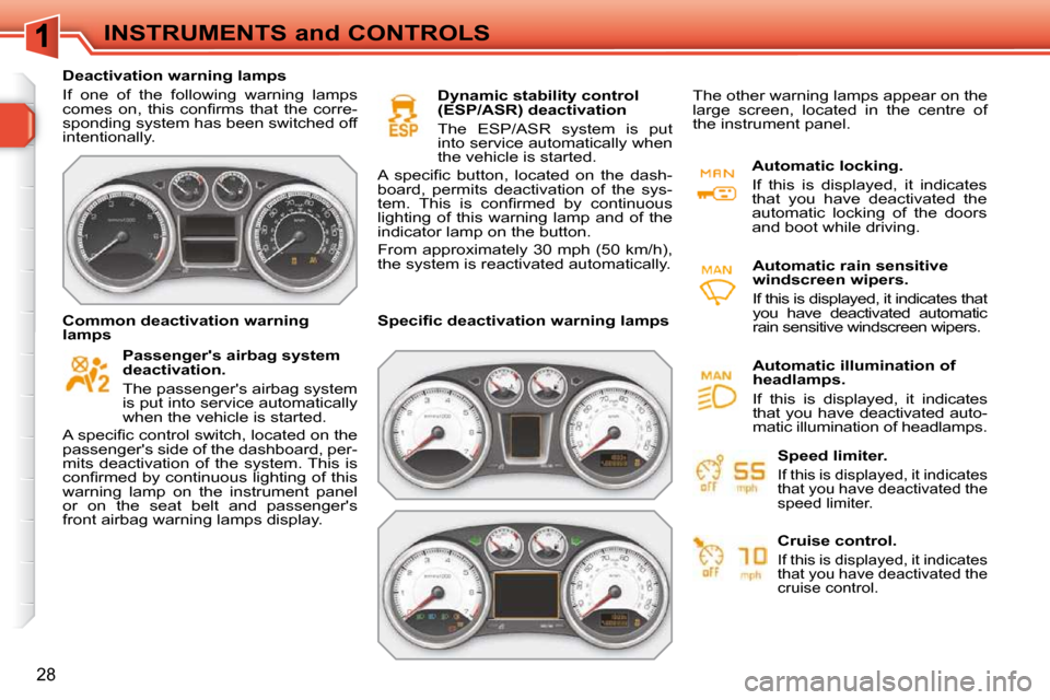 Peugeot 308 SW BL 2009.5 Owners Guide 28
INSTRUMENTS and CONTROLS
   Deactivation warning lamps  
 If  one  of  the  following  warning  lamps  
�c�o�m�e�s�  �o�n�,�  �t�h�i�s�  �c�o�n�ﬁ� �r�m�s�  �t�h�a�t�  �t�h�e�  �c�o�r�r�e�-
spondi