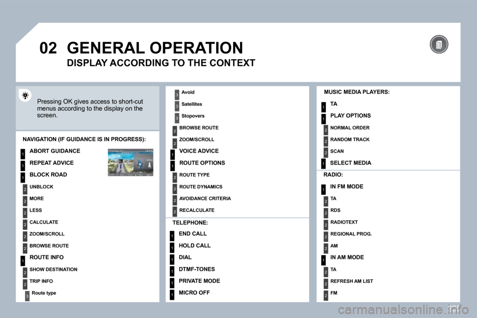 Peugeot 308 SW BL 2009.5  Owners Manual 235
�0�2
1
2
3
3
2
1
1
1
3
2
1
1
1
1
1
1
1
1
1
1
2
2
1
1
2
1
2
2
2
2
2
2
2
2
2
2
2
2
2
2
3
2
2
2
2
2
 GENERAL OPERATION 
 Pressing OK gives access to short-cut menus according to the display on the sc