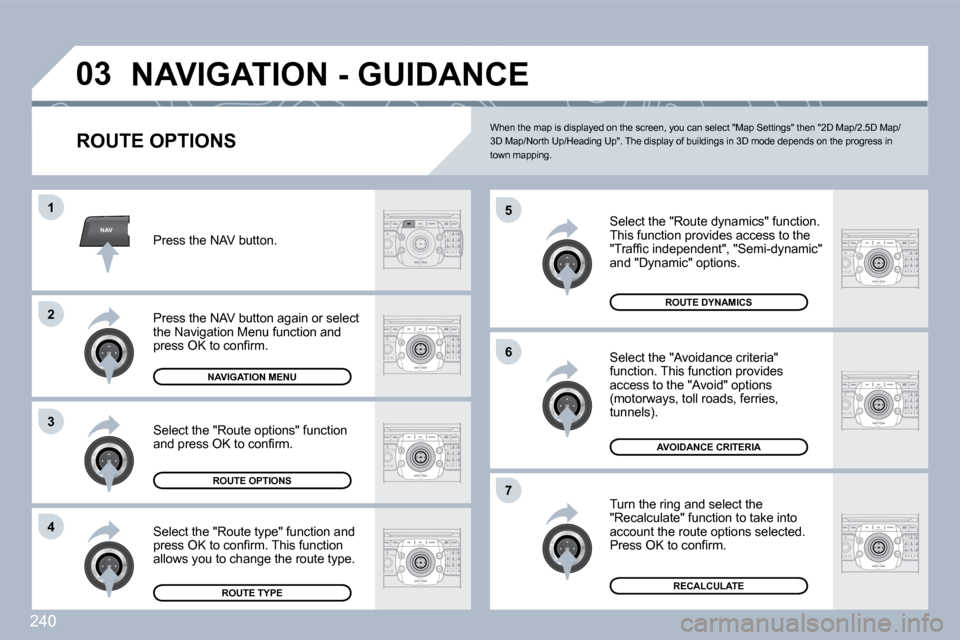 Peugeot 308 SW BL 2009.5  Owners Manual 240
NAV
�0�3
�5
�6
�7
�1
�2
�3
�4
� �N�A�V�I�G�A�T�I�O�N� �-� �G�U�I�D�A�N�C�E� 
  ROUTE OPTIONS 
  Select the "Route dynamics" function.  This function provides access to the �"�T�r�a�f�ﬁ� �c� �i�n