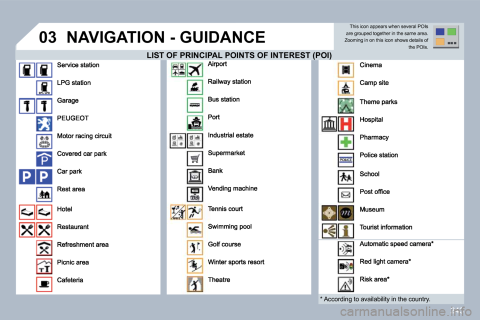 Peugeot 308 SW BL 2009.5  Owners Manual 243
�0�3� �N�A�V�I�G�A�T�I�O�N� �-� �G�U�I�D�A�N�C�E� 
  LIST OF PRINCIPAL POINTS OF INTEREST (POI)  POINTS OF INTEREST (POI) 
  *   According to availability in the country.  
 This icon appears when