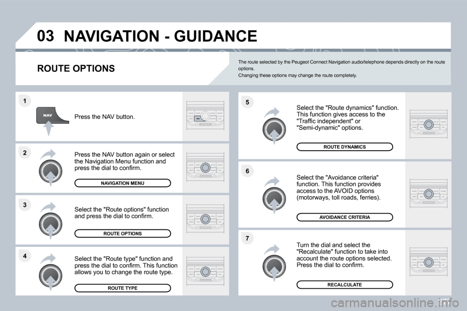 Peugeot 308 SW BL 2009.5  Owners Manual 277
�4
�3
�2
�1
�7
�6
�5
�0�3� �N�A�V�I�G�A�T�I�O�N� �-� �G�U�I�D�A�N�C�E� 
� � �R�O�U�T�E� �O�P�T�I�O�N�S� 
� � �S�e�l�e�c�t� �t�h�e� �"�R�o�u�t�e� �d�y�n�a�m�i�c�s�"� �f�u�n�c�t�i�o�n�.�  This funct