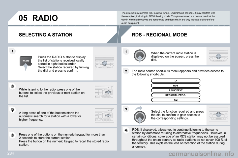 Peugeot 308 SW BL 2009.5  Owners Manual 284
�3
�2
�1
�1
�0�5
�S�E�L�E�C�T�I�N�G� �A� �S�T�A�T�I�O�N� 
  When the current radio station is displayed on the screen, press the dial.  
� � �T�h�e� �r�a�d�i�o� �s�o�u�r�c�e� �s�h�o�r�t�-�c�u�t�s�
