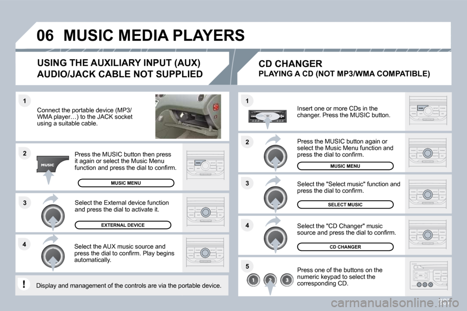 Peugeot 308 SW BL 2009.5  Owners Manual 287
�3
�1
�2
�0�6
�1
�4
�2
�3
�5
�4
� � �C�o�n�n�e�c�t� �t�h�e� �p�o�r�t�a�b�l�e� �d�e�v�i�c�e� �(�M�P�3�/�W�M�A� �p�l�a�y�e�r�…�)� �t�o� �t�h�e� �J�A�C�K� �s�o�c�k�e�t� using a suitable cable.  
  