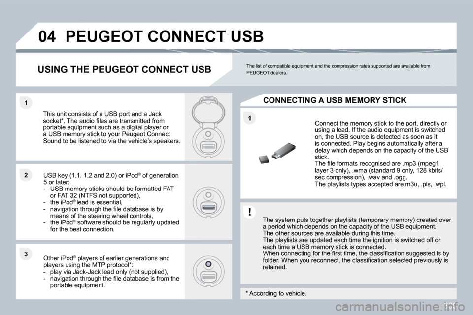 Peugeot 308 SW BL 2009.5  Owners Manual 305
�1
�1�1
�2�2
�3�3
�0�4� �P�E�U�G�E�O�T� �C�O�N�N�E�C�T� �U�S�B� 
� � �T�h�e� �s�y�s�t�e�m� �p�u�t�s� �t�o�g�e�t�h�e�r� �p�l�a�y�l�i�s�t�s� �(�t�e�m�p�o�r�a�r�y� �m�e�m�o�r�y�)� �c�r�e�a�t�e�d� �o�