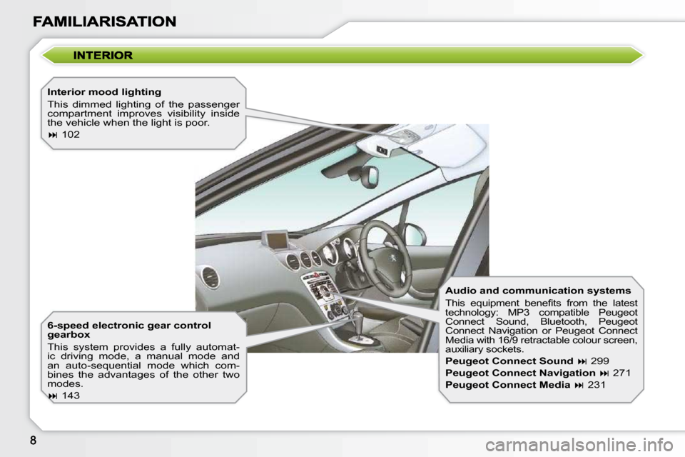 Peugeot 308 SW BL 2009.5  Owners Manual   Interior mood lighting  
 This  dimmed  lighting  of  the  passenger  
compartment  improves  visibility  inside 
the vehicle when the light is poor.  
   
�   102   
  6-speed electronic gear co