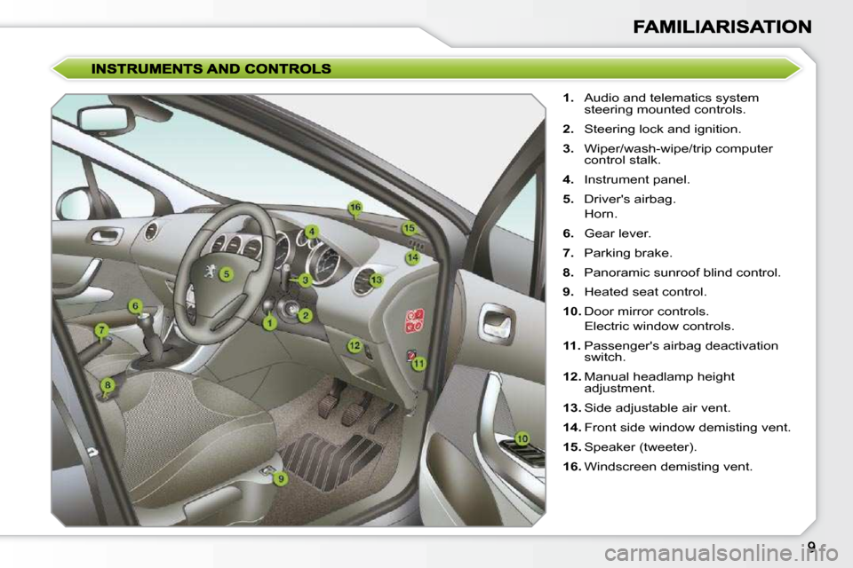 Peugeot 308 SW BL 2009.5  Owners Manual    
1.    Audio and telematics system 
steering mounted controls. 
  
2.    Steering lock and ignition. 
  
3.    Wiper/wash-wipe/trip computer 
control stalk. 
  
4.    Instrument panel. 
  
5.    Dr