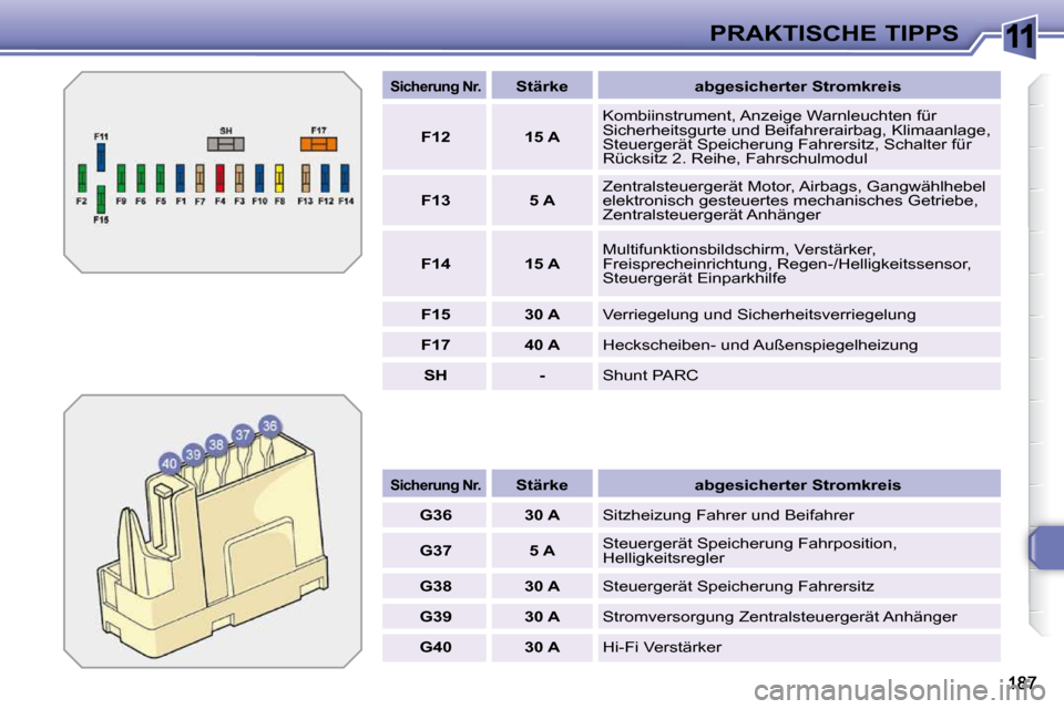 Peugeot 308 SW BL 2009.5  Betriebsanleitung (in German) 11PRAKTISCHE TIPPS
   
Sicherung Nr.       
Stärke        abgesicherter Stromkreis   
   
G36         30 A    � �S�i�t�z�h�e�i�z�u�n�g� �F�a�h�r�e�r� �u�n�d� �B�e�i�f�a�h�r�e�r� 
   
G37         5 A 