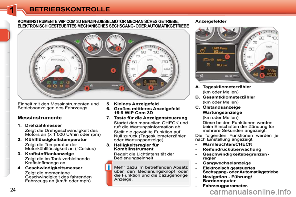 Peugeot 308 SW BL 2009.5 Betriebsanleitung (in German) i
24
BETRIEBSKONTROLLE
KOMBIINSTRUMENTE WIP COM 3D BENZIN-/DIESELMOTOR MECHANISCHES GETRIEBE, ELEKTRONISCH GESTEUERTES MECHANISCHES SECHSGANG- OD ER AUTOMATIKGETRIEBE
Messinstrumente
1. Dr Peugeot 308 SW BL 2009.5 Betriebsanleitung (in German) i
24
BETRIEBSKONTROLLE
KOMBIINSTRUMENTE WIP COM 3D BENZIN-/DIESELMOTOR MECHANISCHES GETRIEBE, ELEKTRONISCH GESTEUERTES MECHANISCHES SECHSGANG- OD ER AUTOMATIKGETRIEBE
Messinstrumente
1. Dr