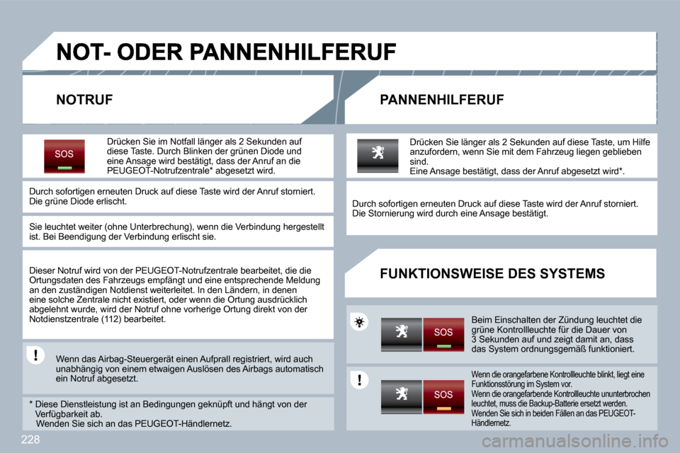 Peugeot 308 SW BL 2009.5  Betriebsanleitung (in German) 228
  NOTRUF   PANNENHILFERUF 
  FUNKTIONSWEISE DES SYSTEMS 
  Drücken Sie im  Notfall  länger als 2 Sekunden auf diese Taste. Durch Blinken der grünen Diode und eine Ansage wird bestätigt, dass d