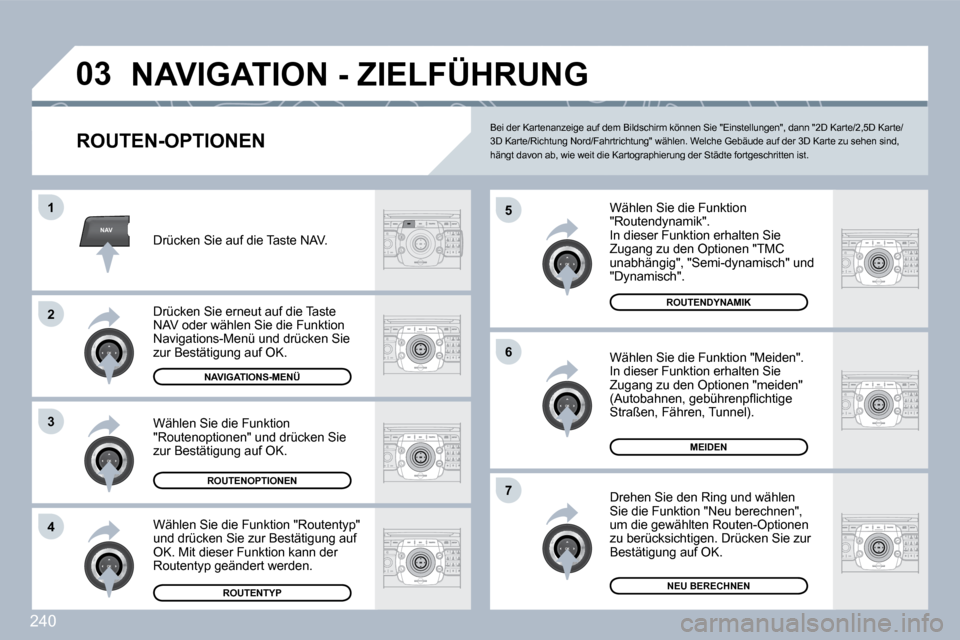 Peugeot 308 SW BL 2009.5  Betriebsanleitung (in German) 240
NAV
�0�3
�5
6
�7
�1
2
3
4
 NAVIGATION - ZIELFÜHRUNG 
  ROUTEN-OPTIONEN 
  Wählen Sie die Funktion "Routendynamik".  In dieser Funktion erhalten Sie Zugang zu den Optionen "TMC unabhängig", "Sem