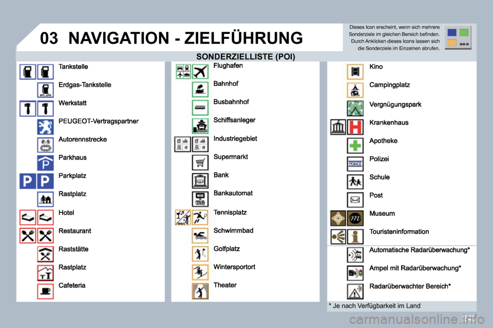 Peugeot 308 SW BL 2009.5  Betriebsanleitung (in German) 243
�0�3 NAVIGATION - ZIELFÜHRUNG 
  SONDERZIELLISTE (POI) SONDERZIELLISTE (POI) 
  *   Je nach Verfügbarkeit im Land  
 Dieses Icon erscheint, wenn sich mehrere �S�o�n�d�e�r�z�i�e�l�e� �i�m� �g�l�e