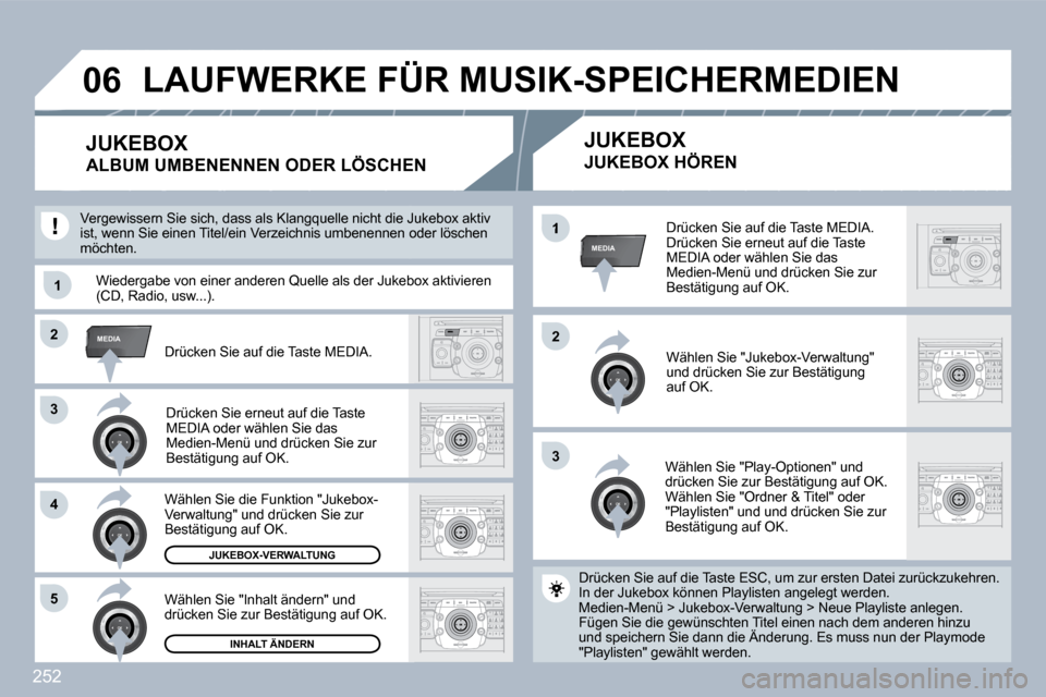 Peugeot 308 SW BL 2009.5  Betriebsanleitung (in German) 252
33
22MEDIA
33
44
�5�5
22
MEDIA�1
�1�1
�0�6
  Drücken Sie auf die Taste MEDIA.  Drücken Sie erneut auf die Taste MEDIA oder wählen Sie das Medien-Menü und drücken Sie zur Bestätigung auf OK. 