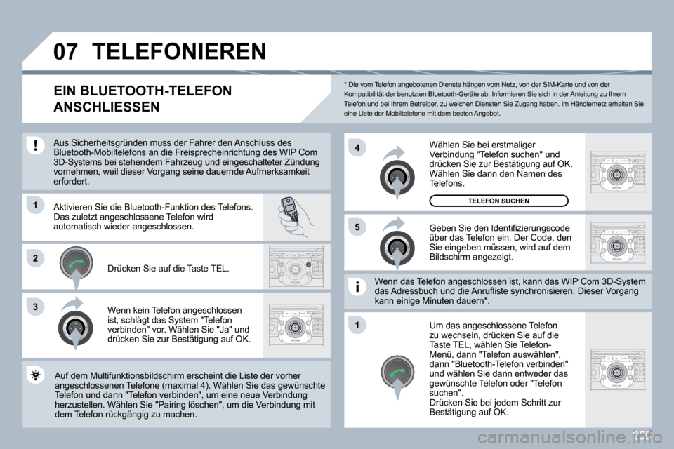 Peugeot 308 SW BL 2009.5  Betriebsanleitung (in German) 255
�0�7
�1
3
�5
4
2
�1
  *   Die vom Telefon angebotenen Dienste hängen vom Netz, von der SIM-Karte und von der Kompatibilität der benutzten Bluetooth-Geräte ab. Informieren Sie sich in der Anleit