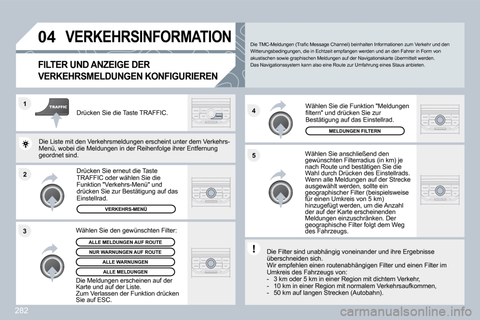 Peugeot 308 SW BL 2009.5  Betriebsanleitung (in German) 282
�2
�1
�3 �4
�5
�0�4� �V�E�R�K�E�H�R�S�I�N�F�O�R�M�A�T�I�O�N� 
�F�l�L�T�E�R� �U�N�D� �A�N�Z�E�I�G�E� �D�E�R� 
�V�E�R�K�E�H�R�S�M�E�L�D�U�N�G�E�N� �K�O�N�F�I�G�U�R�I�E�R�E�N� 
  Wählen Sie anschlie